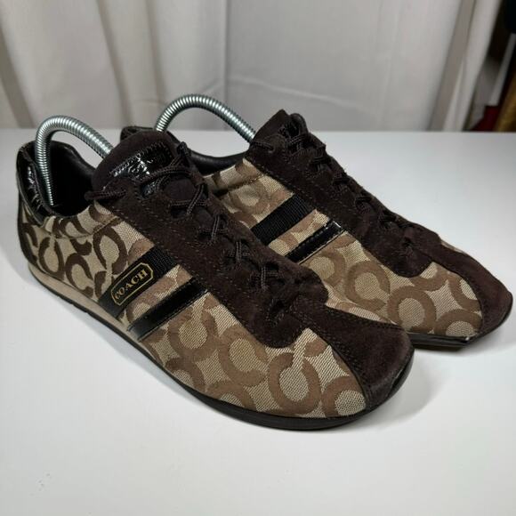 Coach Kathleen Sneakers 10M Brown Signature C Canvas Suede Logo Stripe - Picture 3 of 11